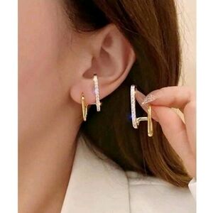 NEW! 18K Gold Plated Asymetrical Diamond Elegant Half Hoop Post Earrings